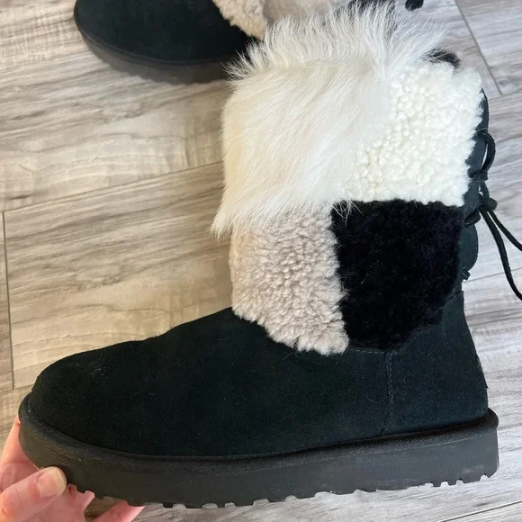 Ugg Boots Patchwork fluff white beige black shoe 10 shearling - Picture 4 of 13